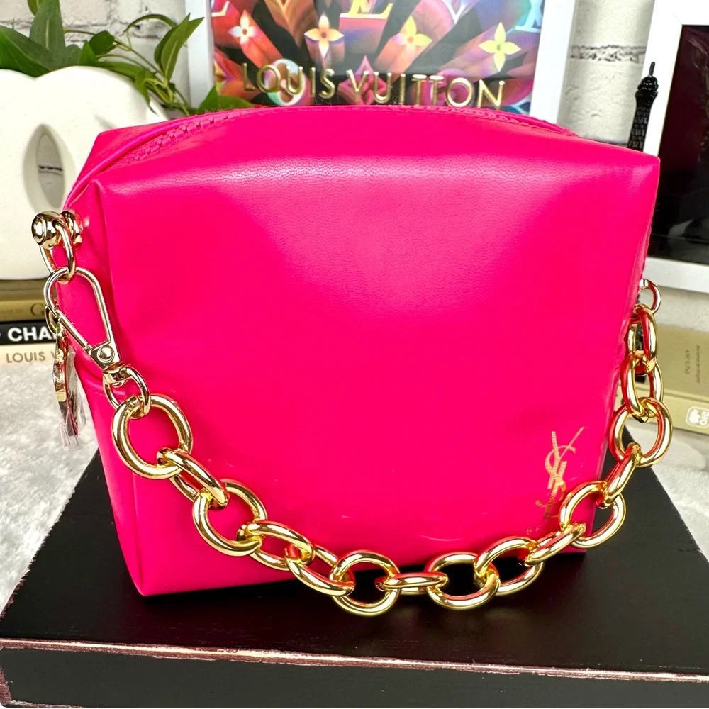 YSL Yves Saint Laurent Hot Pink faux leathe Beauty Pouch Wristlet bag wi… - Picture 3 of 10